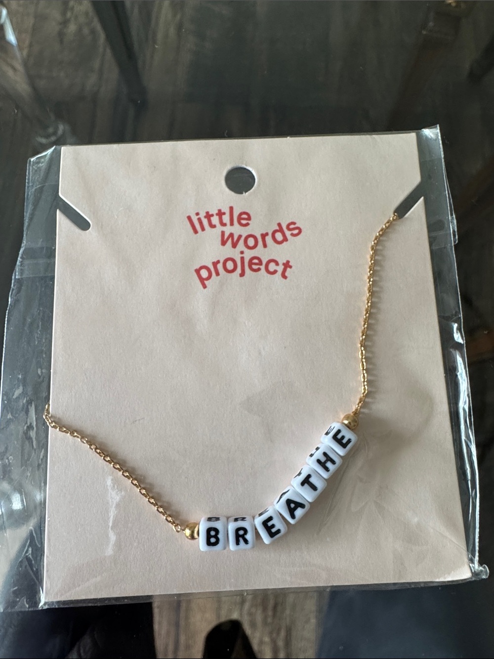 Little Words Project Gold Chain Necklace with White 'BREATHE' Letter Beads